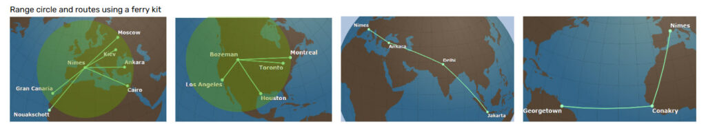 FF72 Range circle and routes using a ferry kit